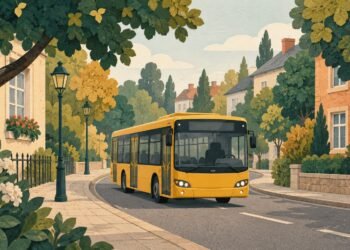 Намальований міський автобус на вулиці з деревами. Редакційна ілюстрація.