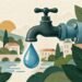 Намальовані водопровідний кран, труба та крапля води. Редакційна ілюстрація.